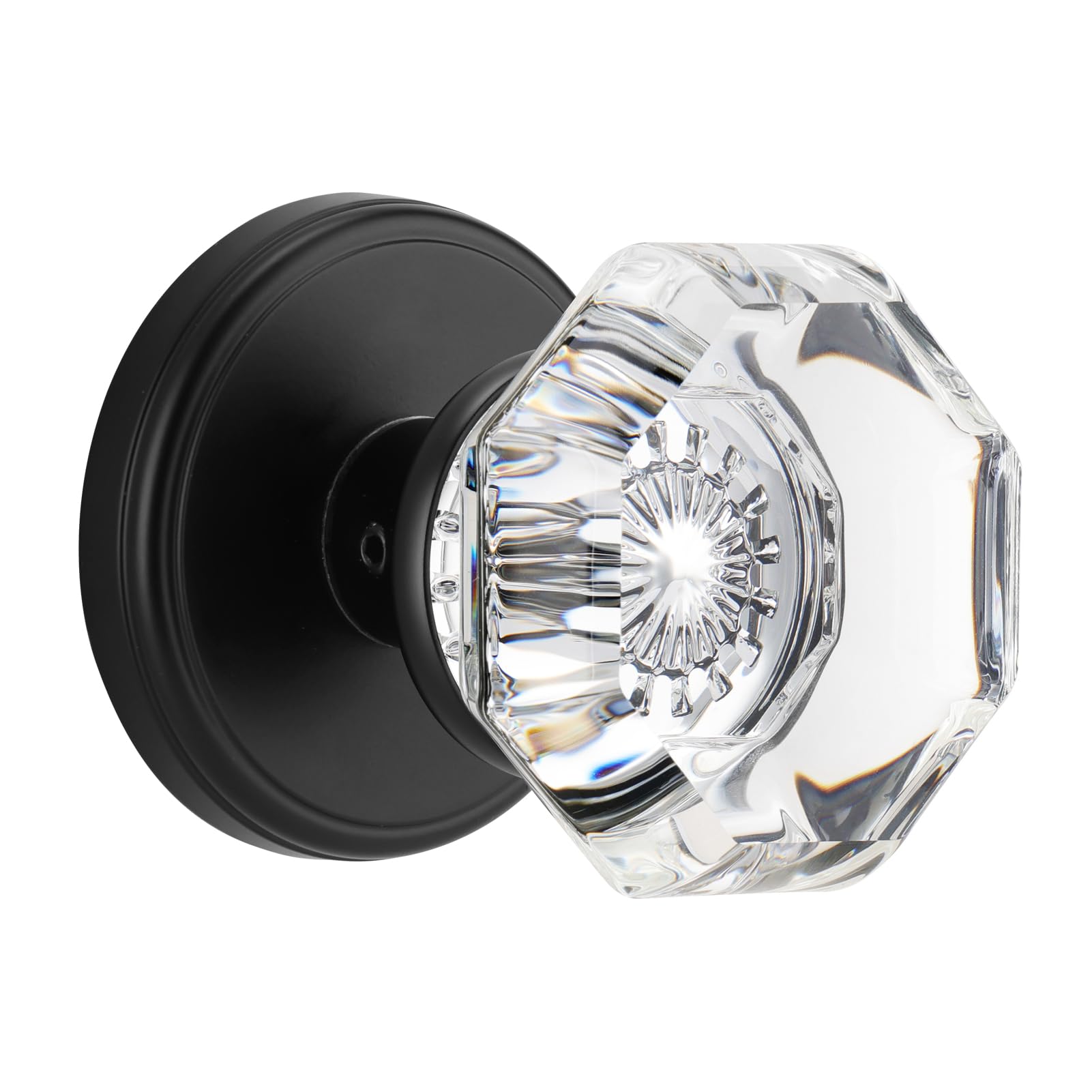 CLCTK Octagon Passage Round Glass Door Knobs, Matt Black, 2.36 Inches, 1 Count, Zinc Alloy and Glass, No Lock, Art Deco Style, Ideal for Hall/Closet/Pantry/Laundry Room