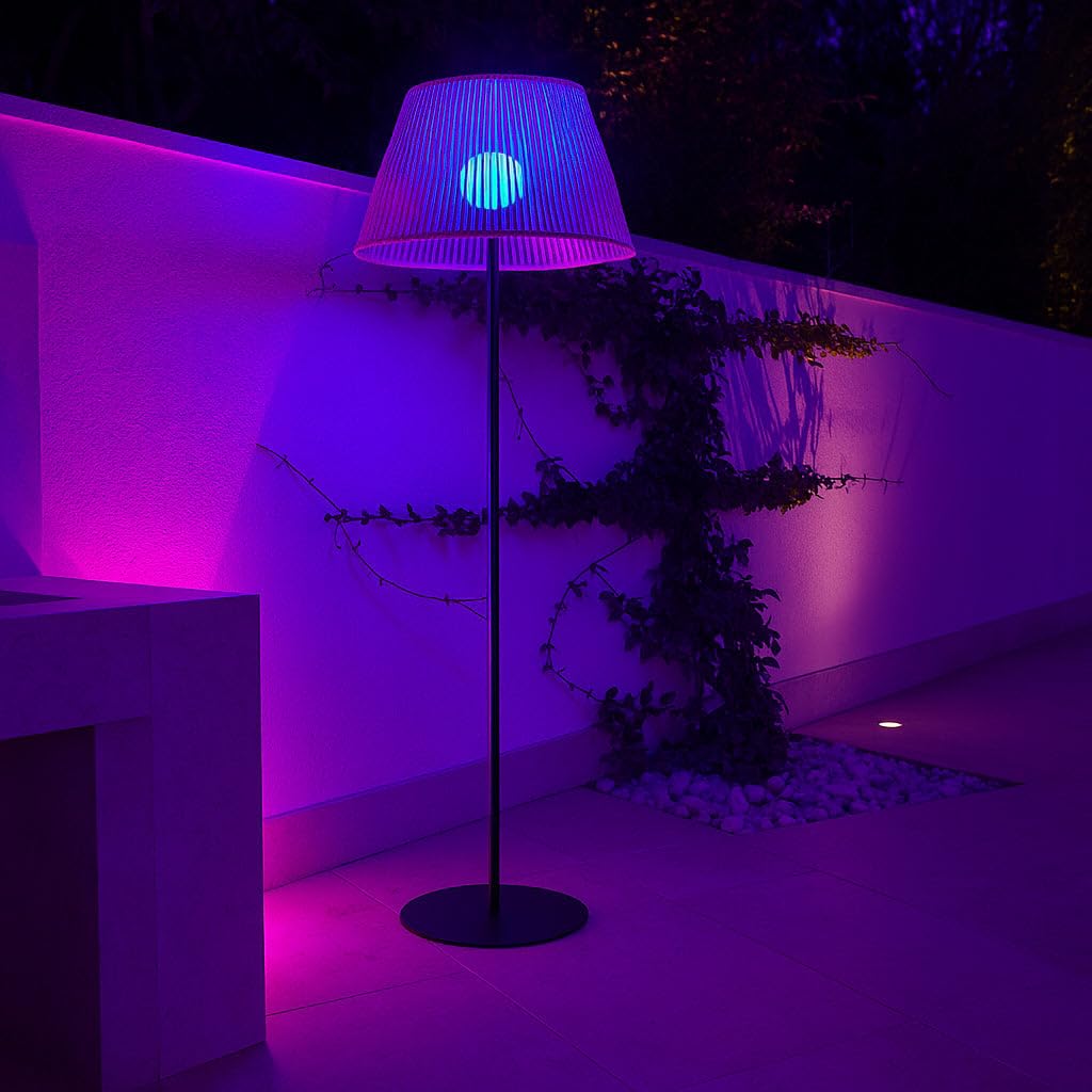 Lumisky Lámpara de pie inalámbrica pie metal LED blanco y multicolor regulable TALL RAFFY en cuerda natural H170cm con mando a distancia