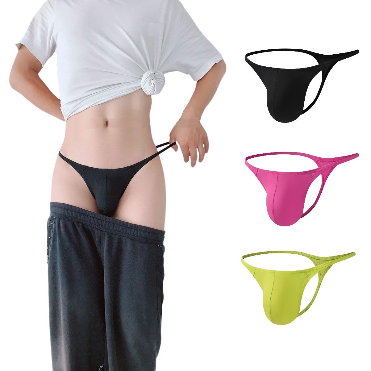 BY.ECG Men's G-String Sissy Thong Pouch Low Rise Panties 3 Pack