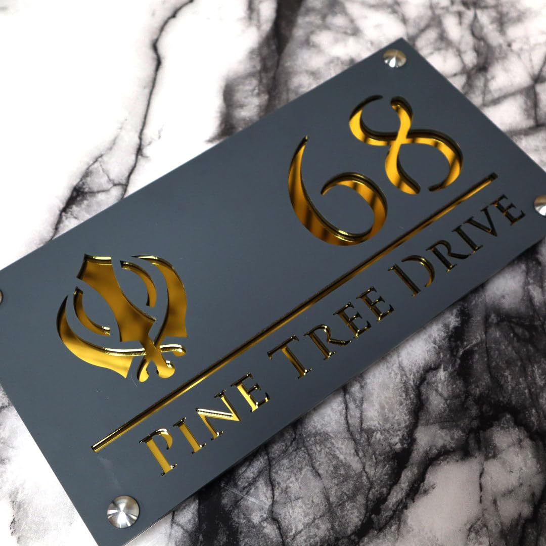 K Smart Sign Luxe Sikh House Sign – Personalised Door Number & Name Plaque with Sikh Khanda Emblem, 3D Laser Cut Acrylic House Number Sign for Outside - 180mm x 140mm (Matt Grey & Gold Mirror)