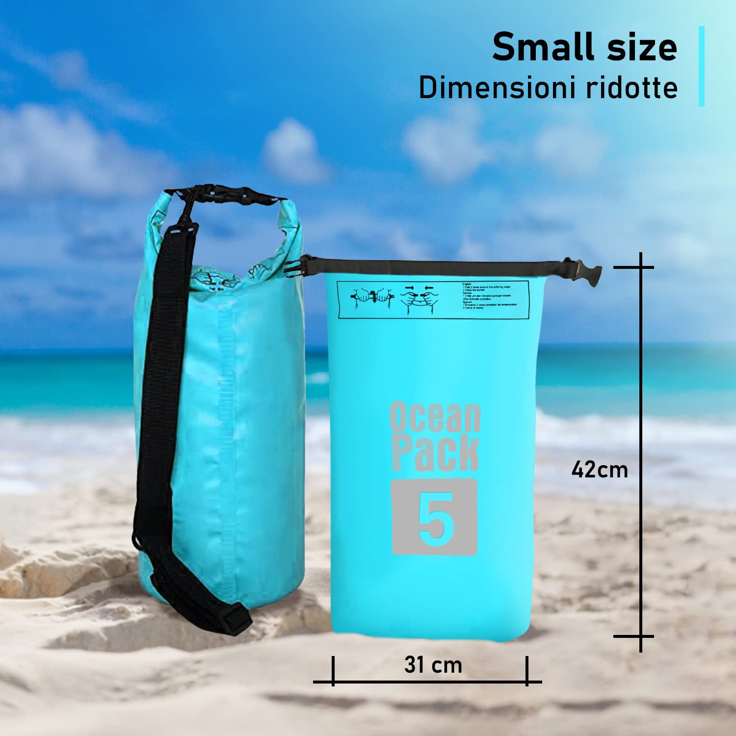 Dry Bag, Borsa Sacca Zaino Impermeabile Waterproof, chiusura a rotolo e tracolla, custodia impermeabile per cellulare e marsupio per Mare Barca Pesca Rafting Spiaggia Sport Acquatici (Light Blue, 5l)