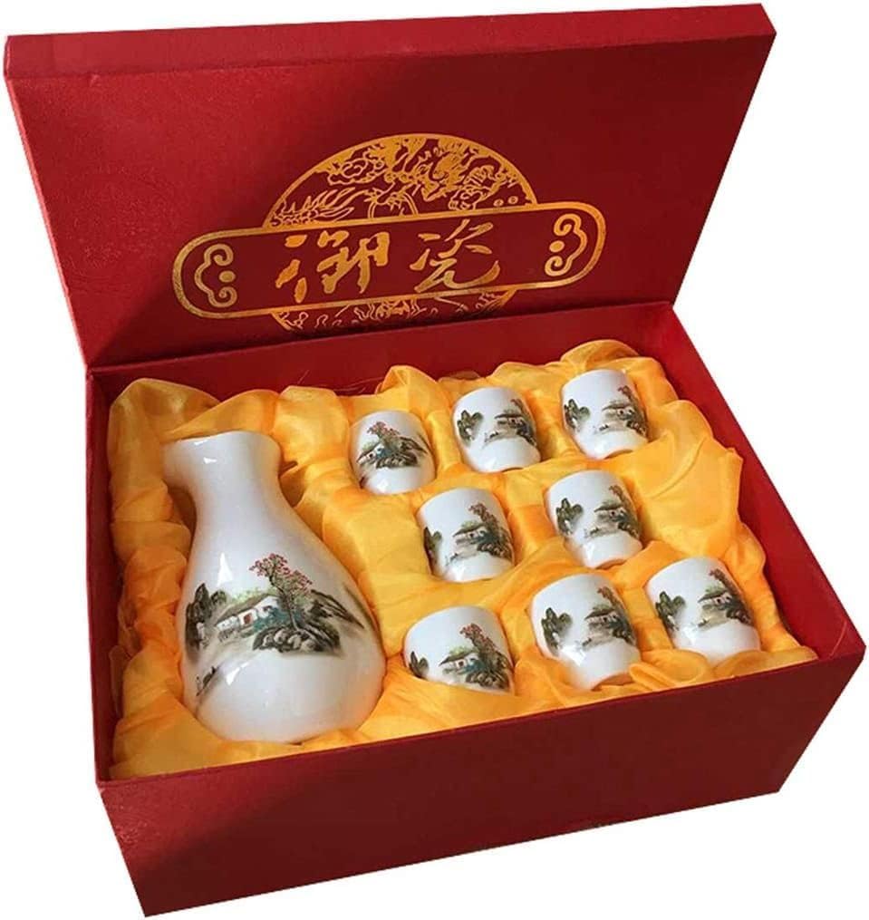 Il Set di sakè Giapponese Include 1 Bottiglia di sakè e 8 Tazze di sakè. Set di sakè in Ceramica da 9 Pezzi.