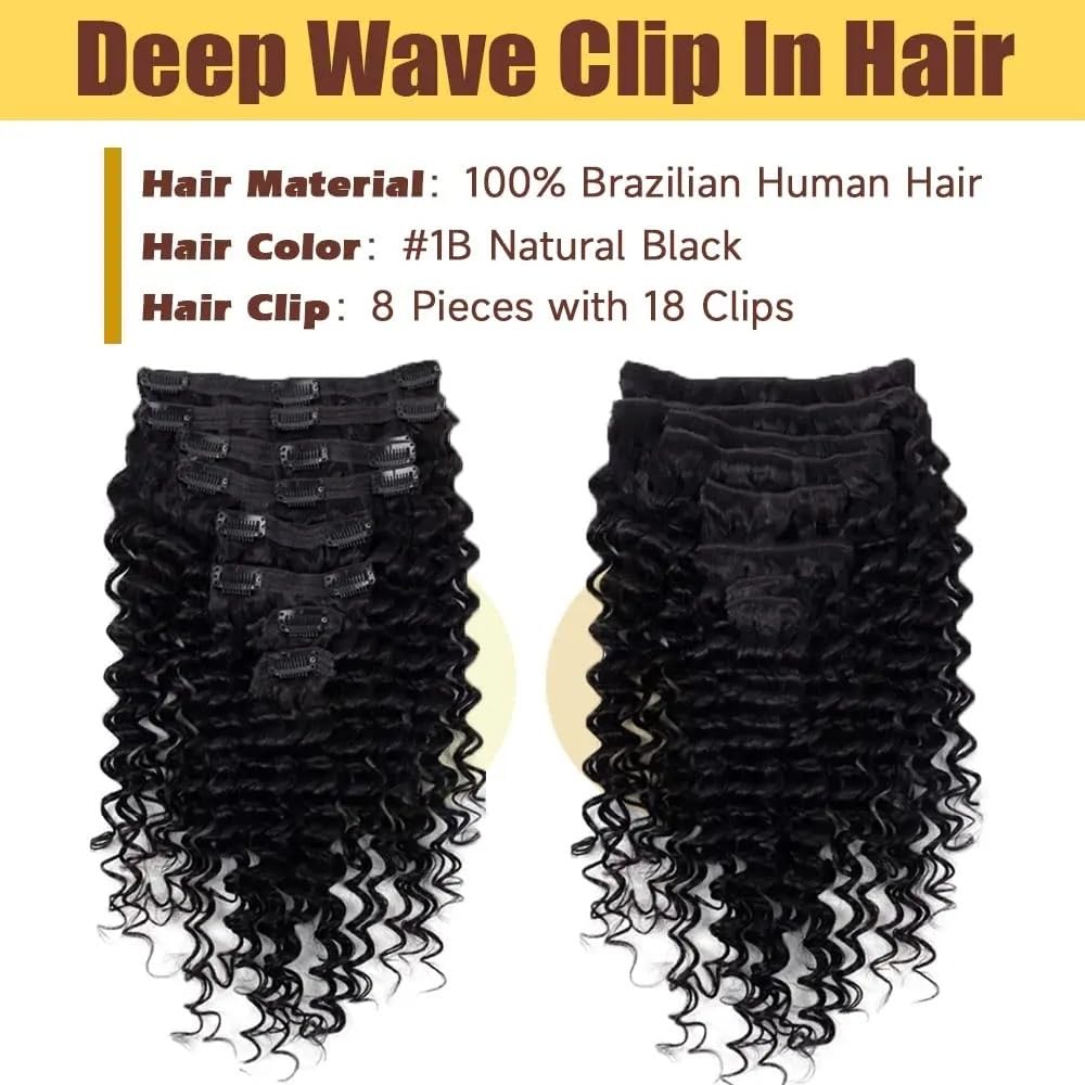 Miękkie dopinki Deep Wave Clip Ins, prawdziwe włosy, kręcone, grube aż do końcówek, długie (35 cm, 240 g)