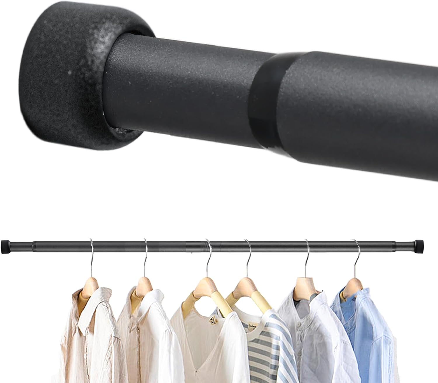 Closet Rod for Hanging Clothes, 30-92 Inch Adjustable Shower Curtain Rod Heavy Duty Wall Mount Clothes Hanging Bar for Closet, Wardrobes, Bathroom, RV, Window, Laundry, Room Divider, Black 30in-92in