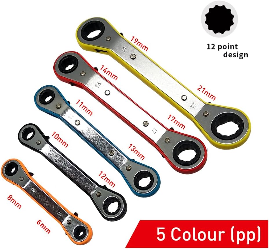 MacWork 5-Piece Offset Ratcheting Wrench Set Five Colors Reversible Universal Ratchet Double Ring Spanners,Professional Heat Treated Alloy Steel Metric Combination