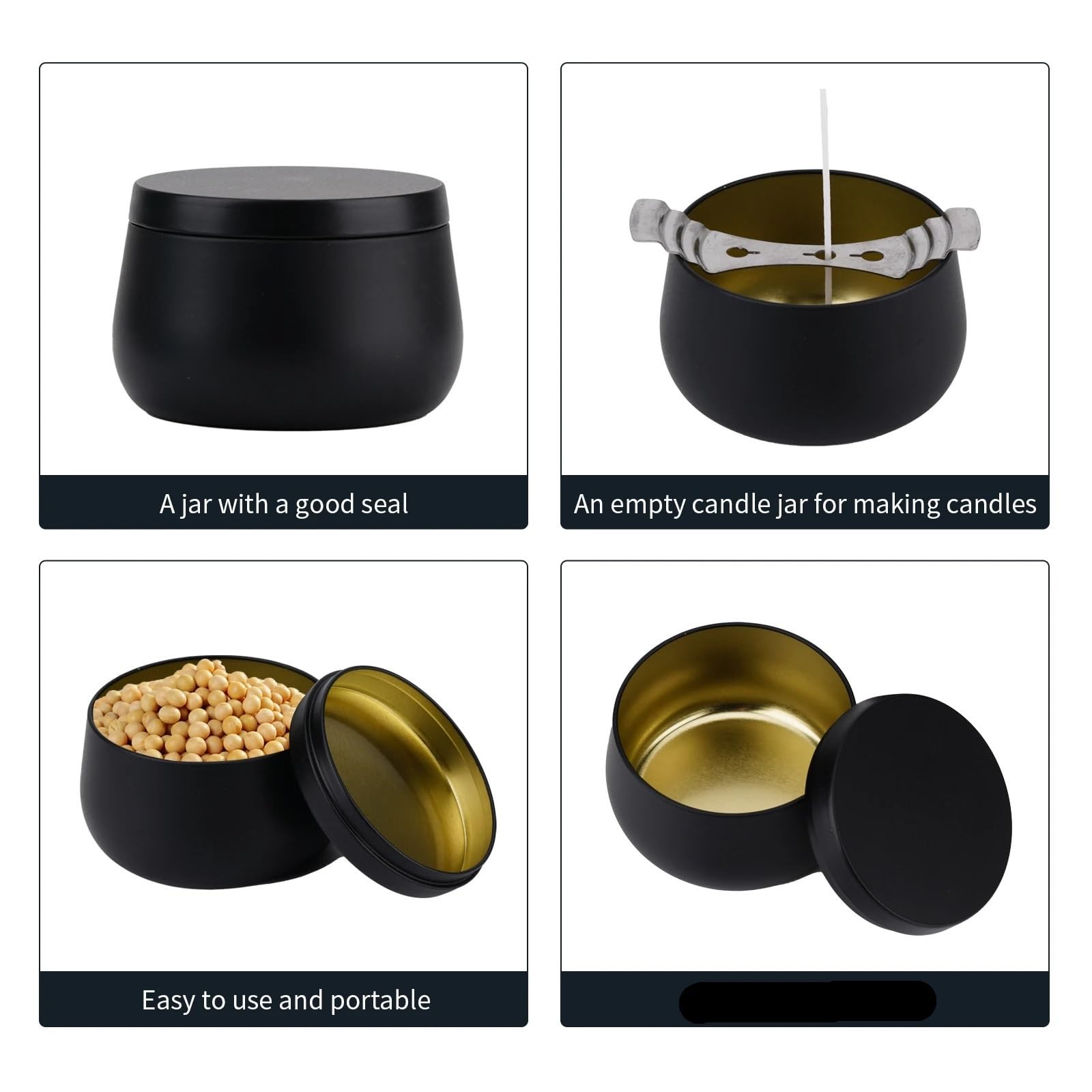 Słoiki na świece, Uniwersalne aluminiowe słoiki na świece z pokrywkami, wielokolorowe, 24 szt(Black)