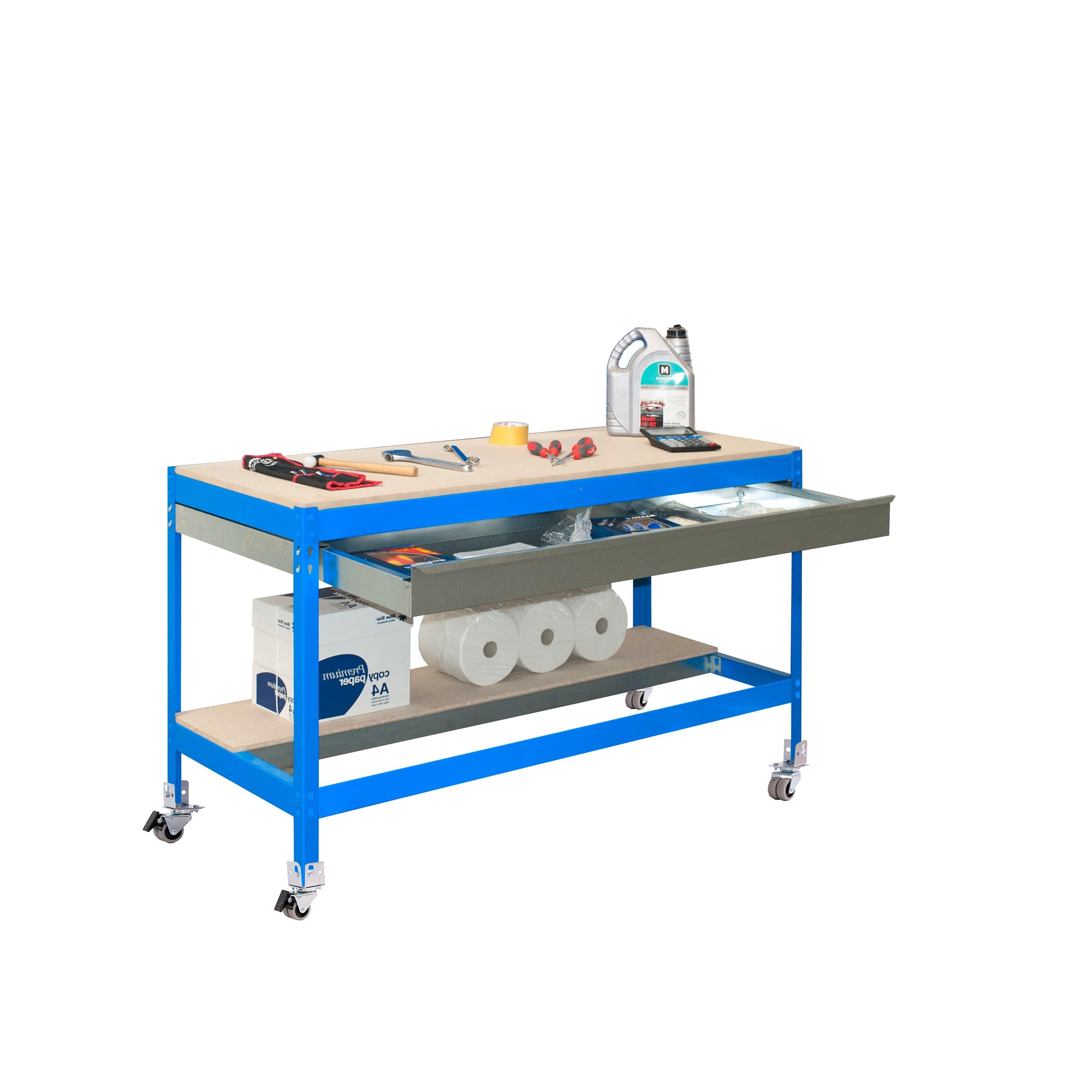 Simon Rack Mesa de Trabajo Taller, Capacidad Carga 120 kg, 917x1510x760 mm, Incluye Ruedas, 1 Cajón, Azul/Madera - BT0
