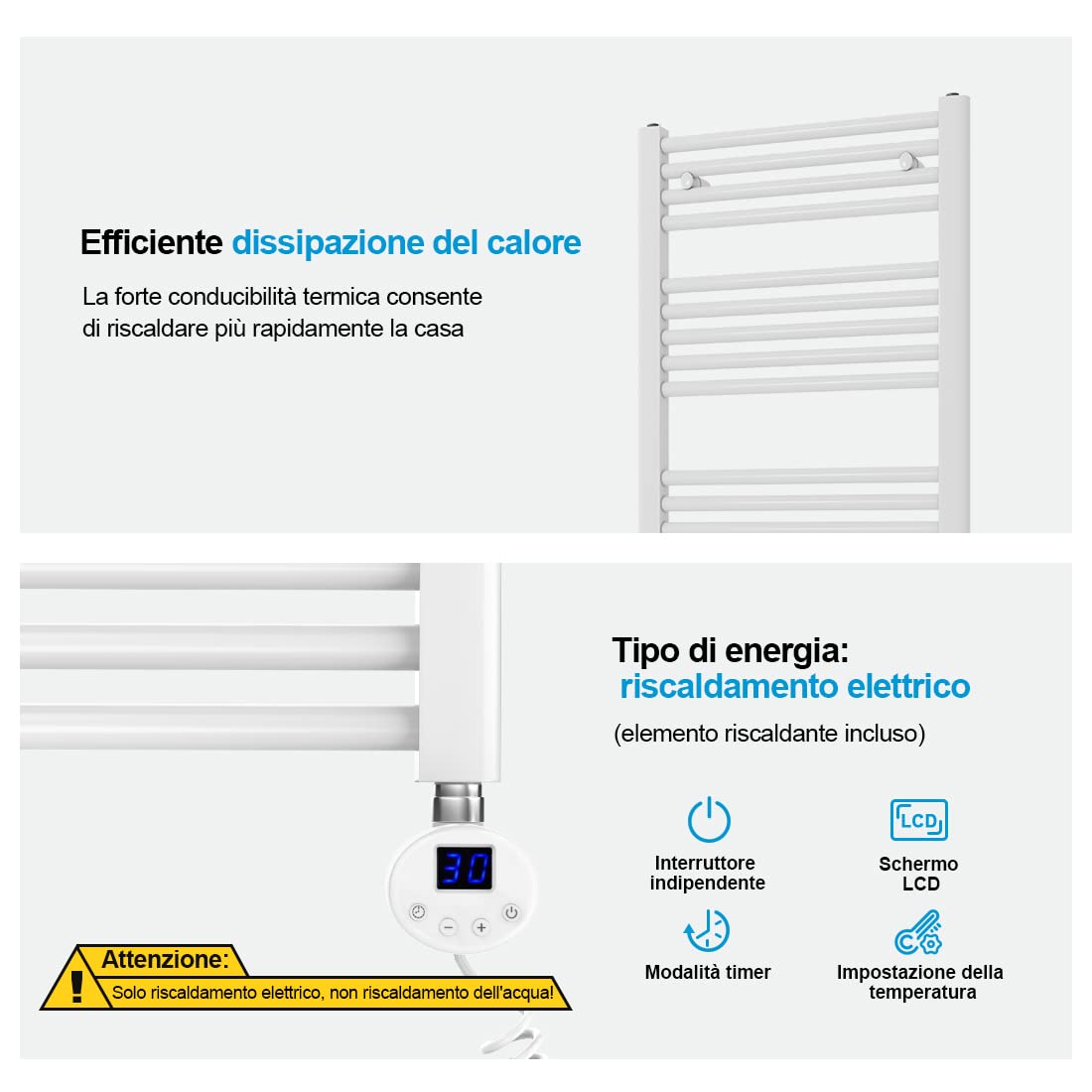 Heilmetz Scaldasalviette elettrico bianco 100x40 cm,Radiatore elettrico con termostato digitale e funzione Timer per asciugamani,Asciugatore elettrico per asciugamani,300 W
