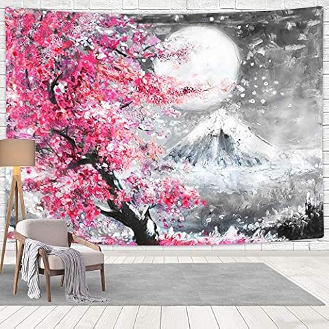 Oil Painting Japanese Tapestry, Asian Cherry Blossom Mount Fuji Red Sun Pink and Grey Tapestry for Bedroom, Anime Tapestry Wall Hanging Art for Livingroom College Dorm Decor, (60X40in) Cover