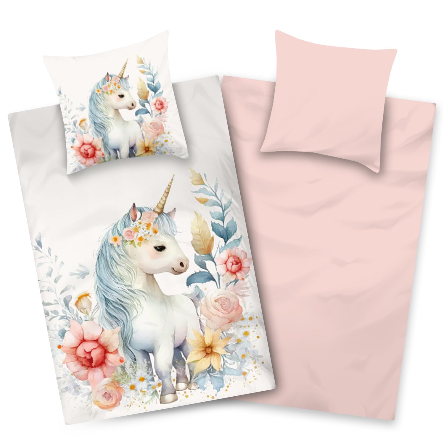 Parure de lit en microfibre 135x200 cm rose et blanc à fleurs pour fille