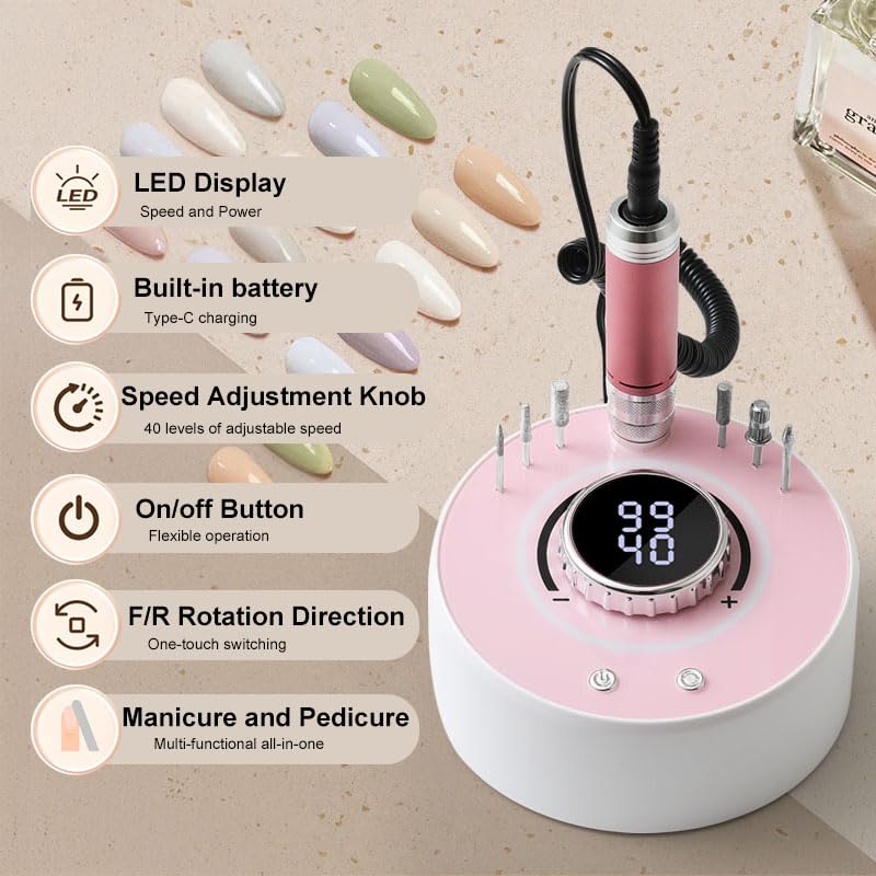 Miniatura 3 de Taladro eléctrico de uñas taladro profesional de 40000 rpm, taladro de uñas inalámbrico recargable con brocas y base para uñas acrílicas, quitar