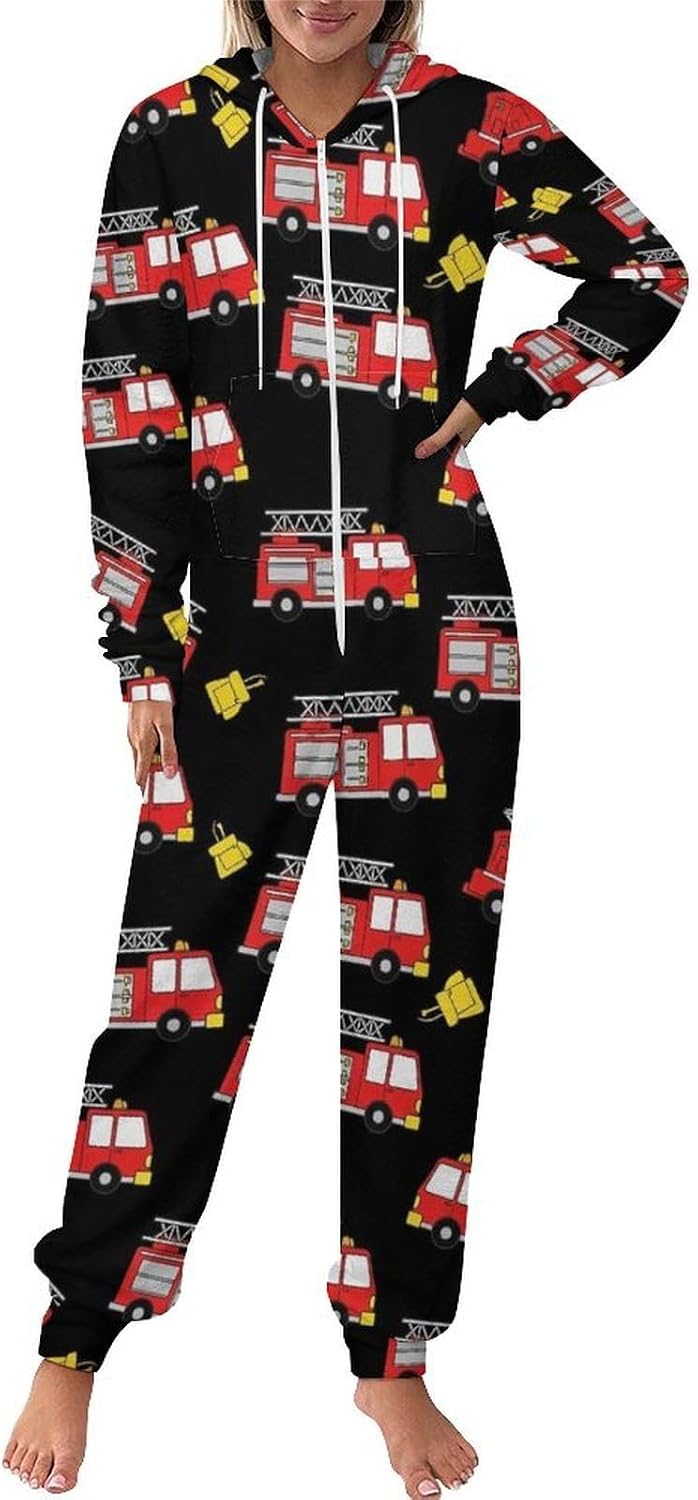 Adult Onesie Pajamas, Plush Zipper Jumpsuits, Soft Warm Hooded One Piece Pajamas, Novelty Holiday Onesie for Men Women, Cute Cartoon Firefighter Red Fire Truck, S
