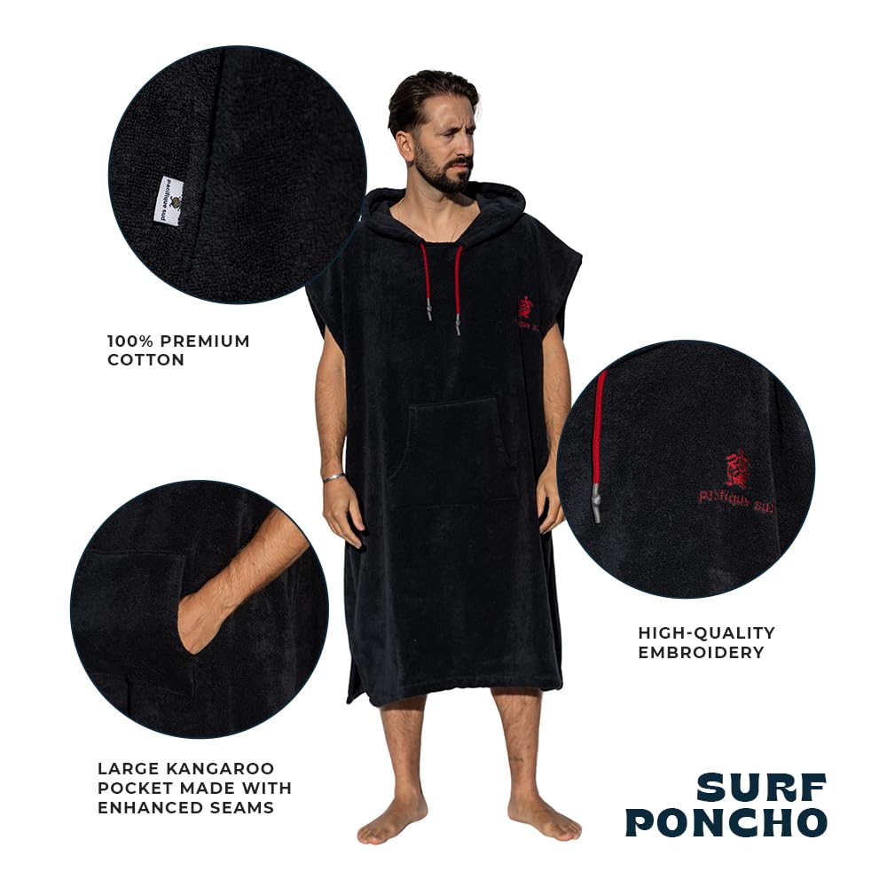 Surf Poncho - Bata de Toalla Versátil sin Mangas, con Capucha y Bolsillo Delantero - Algodón Premium, Ideal para Surf, Natación, Camping y Deportes al Aire Libre - Unisex, Tamaño Grande