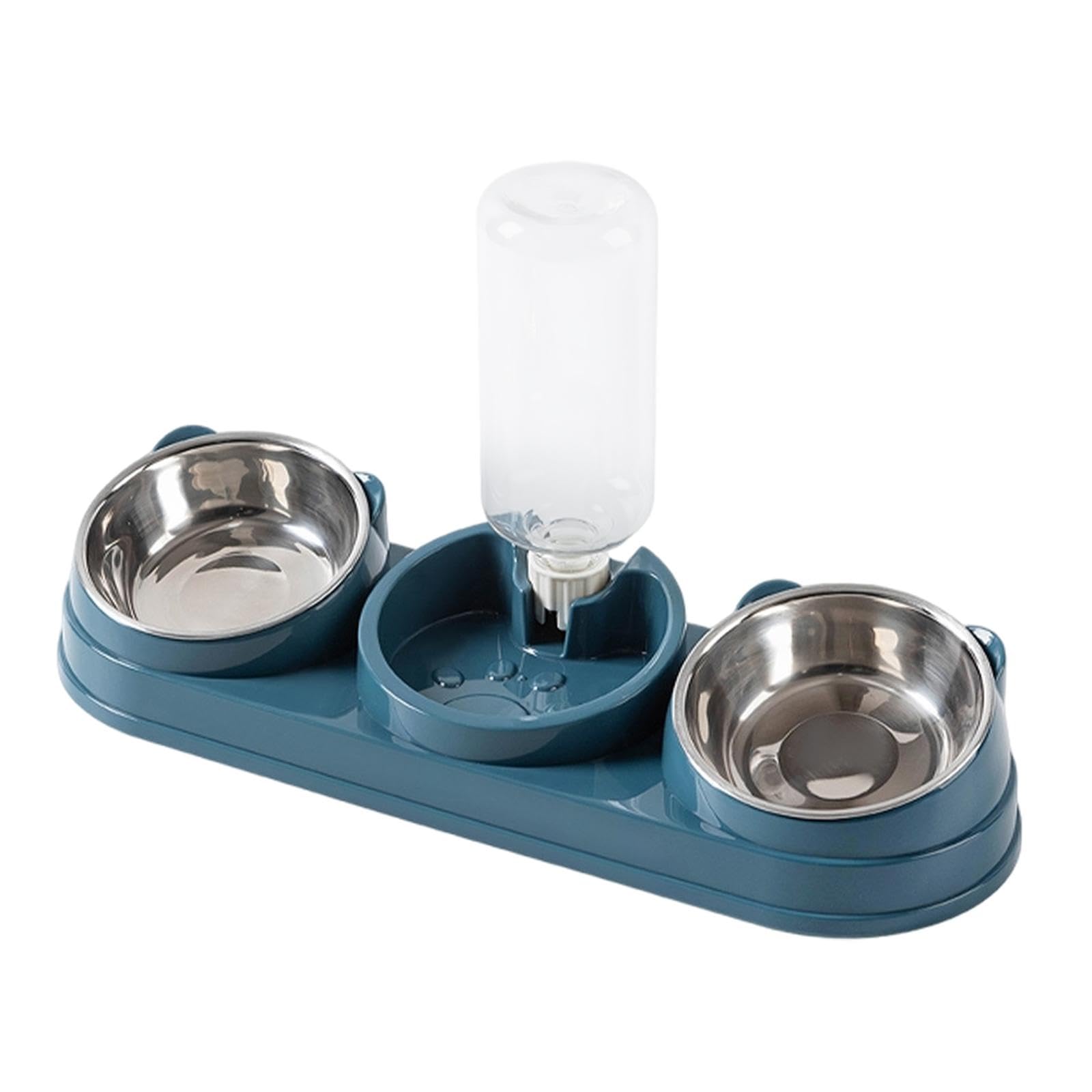 HGZLQKD Bowls Pet Food Water Bowl with Automatic Water Bottle 3 in 1 Pet Feeder Raised Cat Dish for Kitten Bunny, dark blue