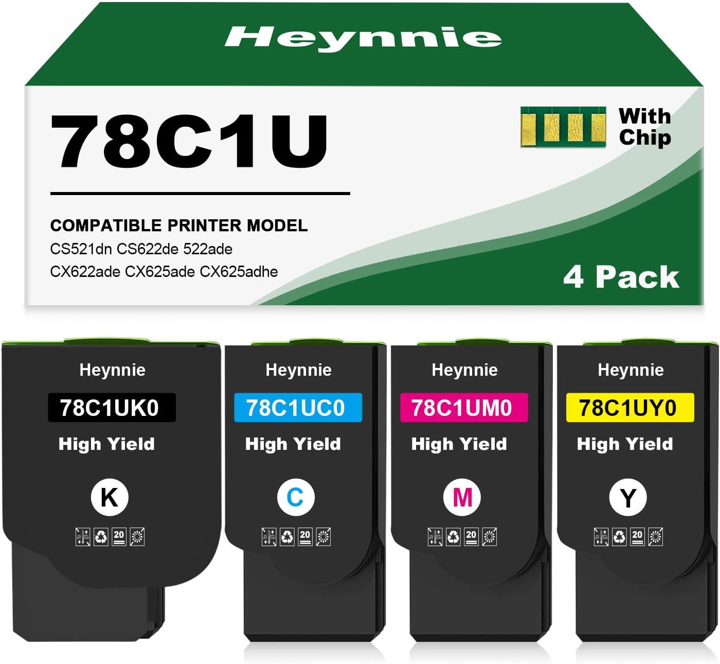 Remanufactured 78C1UK0 Toner Cartridge Replacement with Chip for Lexmark 78C1UK0 78C1UC0 78C1UY0 78C1UM0, CS521dn CS622de CX622ade CX625ade/adhe Printer (4-Pack)