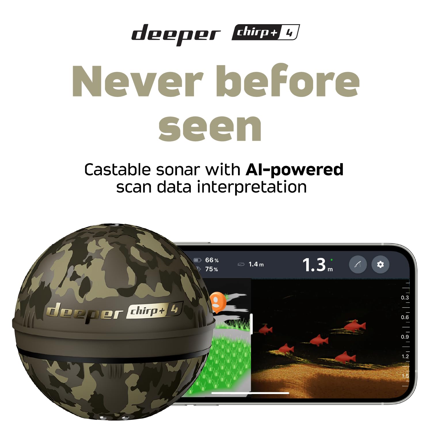 Détecteur de poissons Deeper CHIRP+ 4 à commande vocale et alimenté par l'IA avec GPS – Sonar portable pour la pêche en bateau, sur la glace et sur la rive, cartographie 2D/3D via l'application