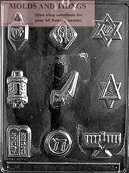 Jewish Assortment Chocolate Candy Mold Menorah Hanukkiah, Dreidel with Hebrew Letter, Star of David, Chai Symbol, Torah Design, and Ten Commandments Tablets Candy & Chocolate Mold
