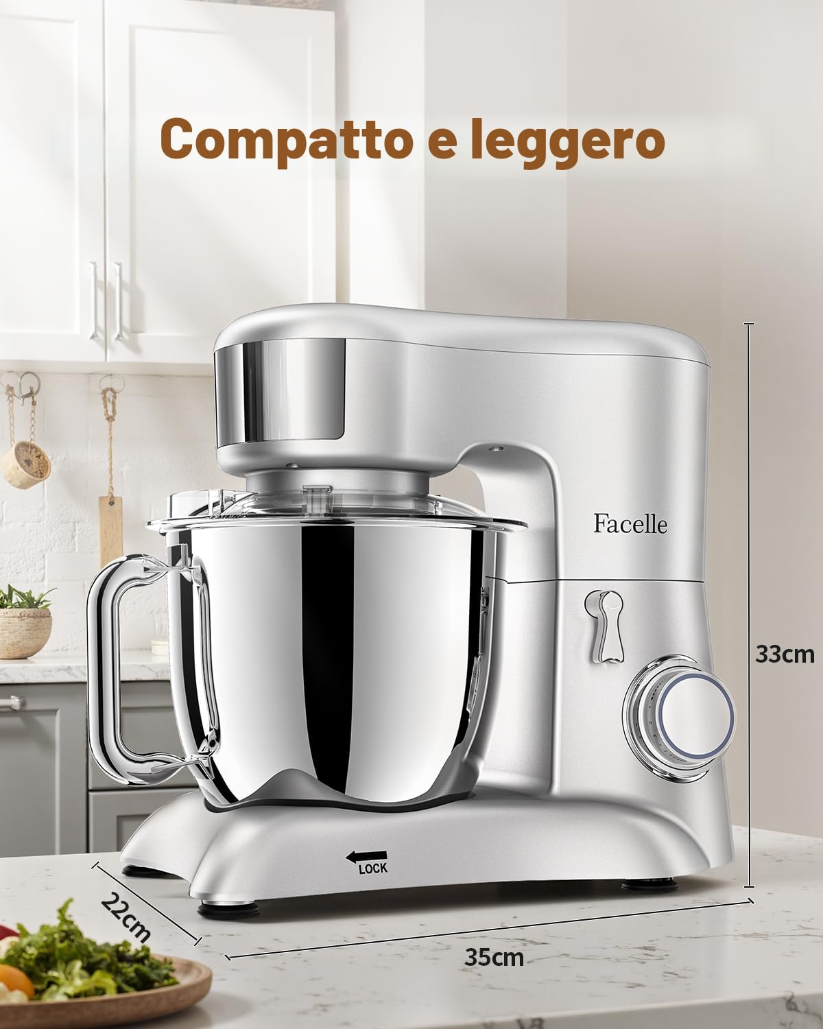 Facelle Impastatrice Planetaria, 1300W, 6,5 Litri Ciotola in Acciaio Inox, 10 Velocità, Pulse, Robot Da Cucina Multifunzione, Pane, Pizza e Dolci