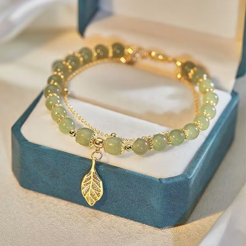 Hetian Jade Bracelet for Women Double Layer Green Beaded Monstera Palm Leaf Bracelet Adjustable Classic Bracelet with Zircon Leaf Charm Ladies Jewelry - Image 2
