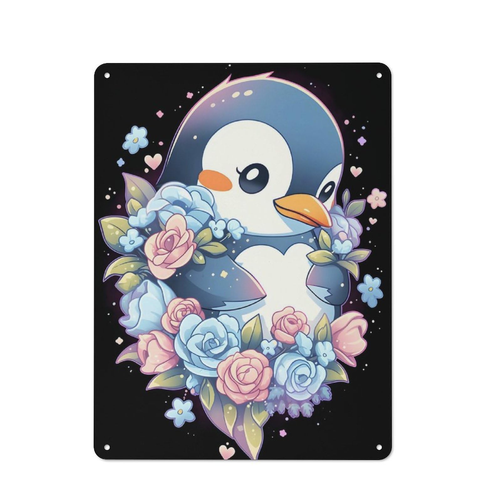Junmoney Cute Floral Penguin Lovers Tin Wall Plaque 40X30cm With For Living Room Wall, For Kitchen, Dining Room And Home Bar Wall Decor