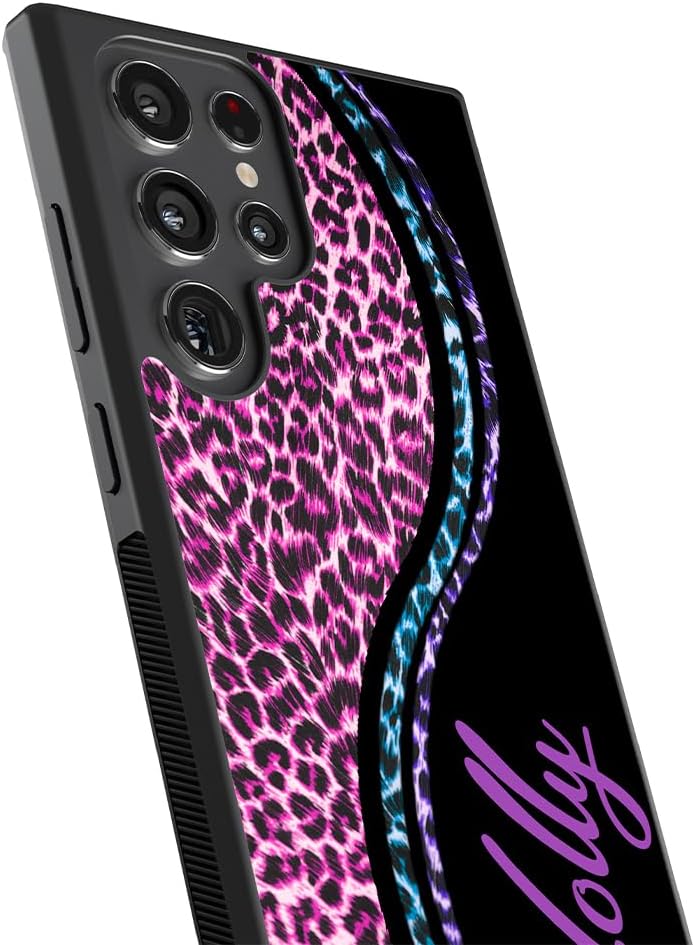 Leopard Skin Purple Personalized Black Rubber Phone Case Compatible With Samsung Galaxy S25 S25FE S25+ S25 Ultra S24 S24+ S24 Ultra S24FE, S23 FE S23+ Ultra S22 S22+