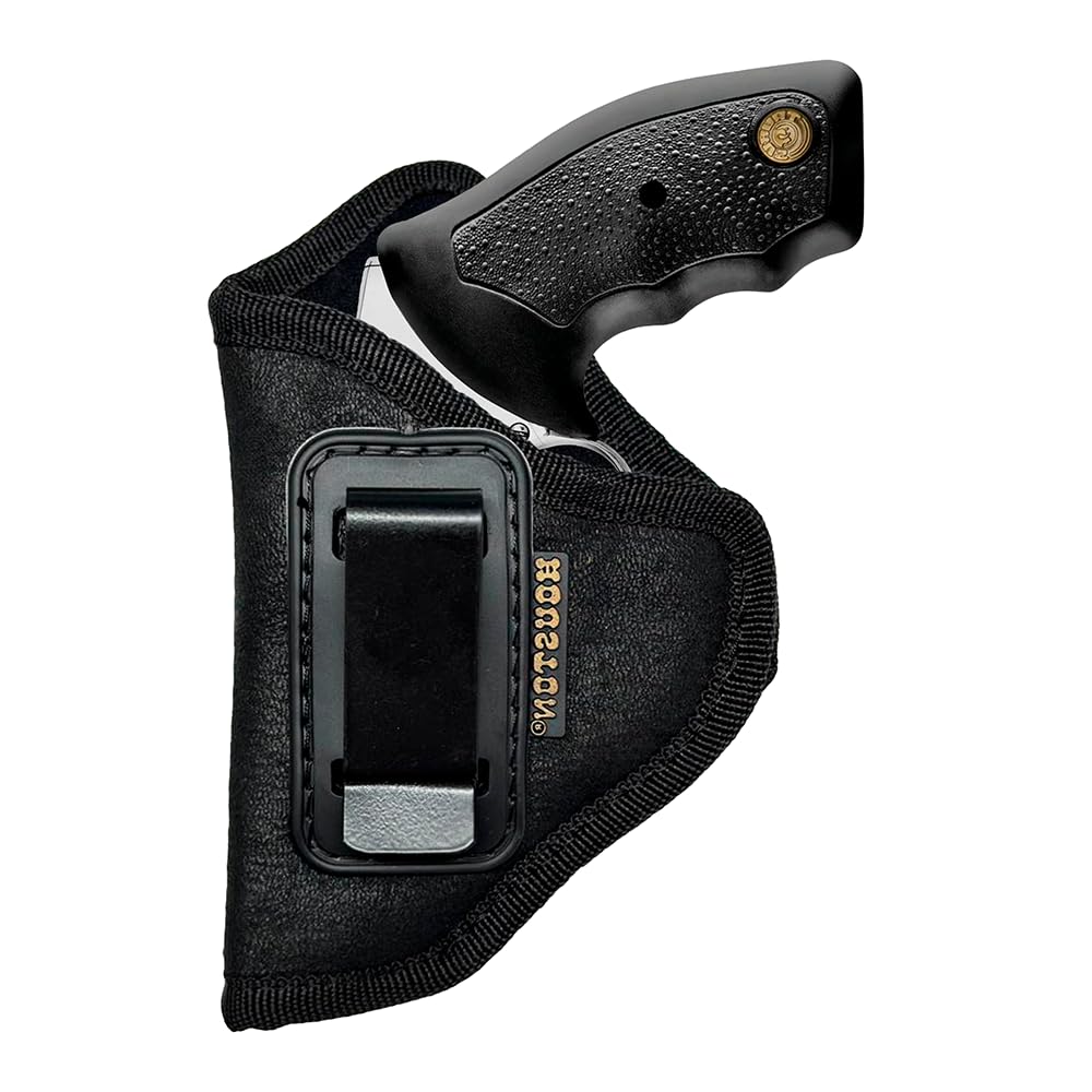 HOUSTON Gun Holster for Revolvers – ECO Leather Concealed Carry Holster for .38 J Frame S&W Taurus Rossi Ruger LCR – Inside Waistband with Metal Clip – Fits Most 5 Shot Revolvers