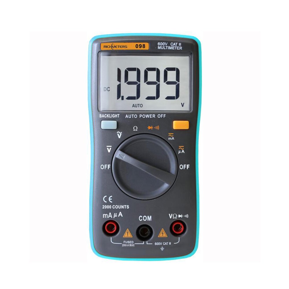 RICHMETERS RM098 Digital Multimeter front view with LCD display, function dial, and input jacks.