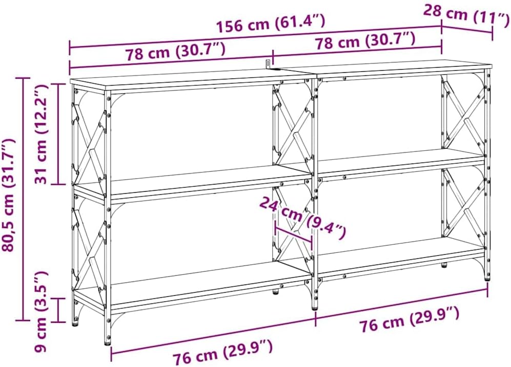 Diagram showing dimensions of the vidaXL Black Oak Console Table