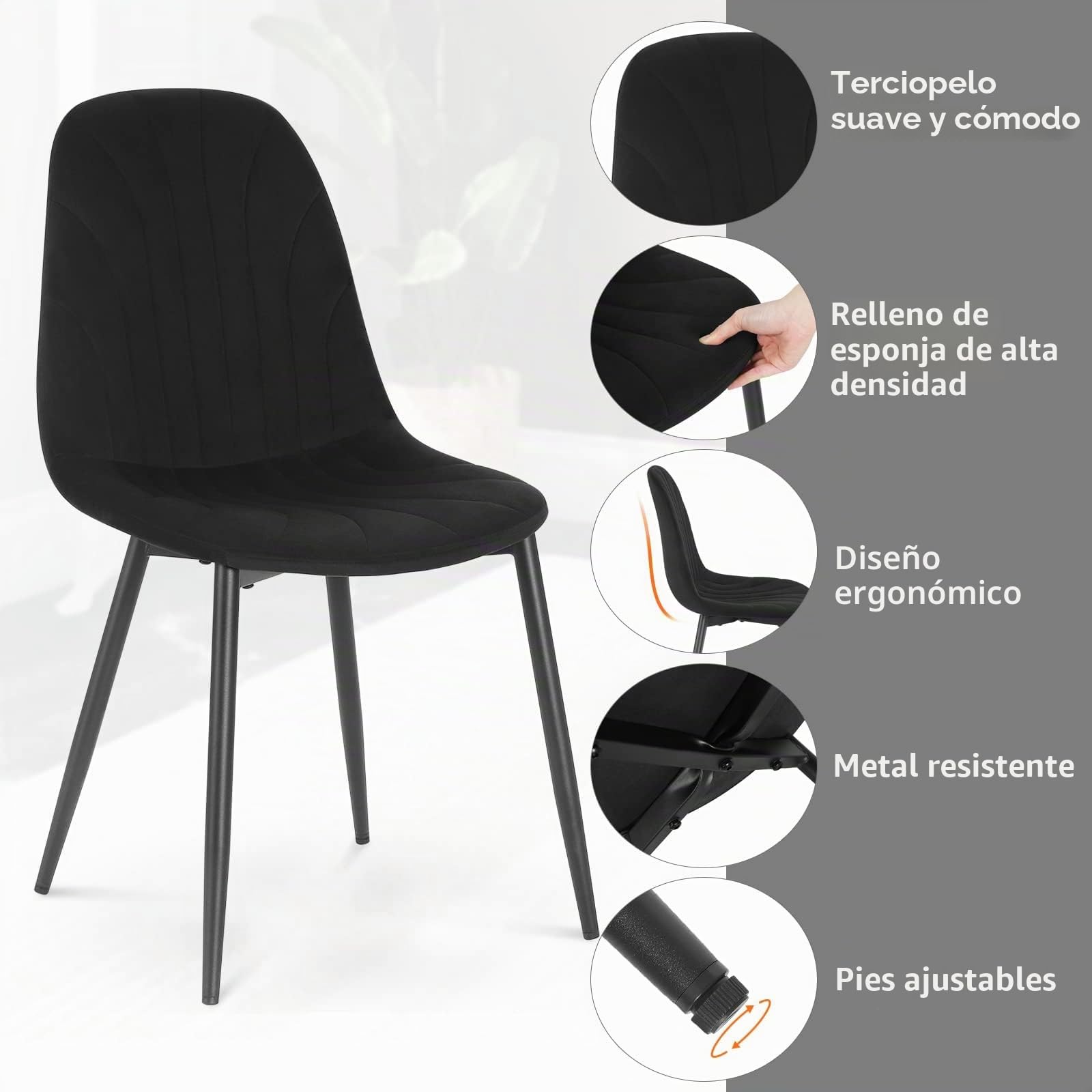 Lestarain Juego de 4 Sillas de Comedor,Terciopelo,Negro