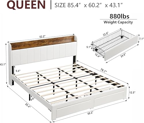 Miniatura 2 de Base de cama Queen con cabecera y estación de carga, base de cama de plataforma tapizada con 2 cajones de almacenamiento, soporte de listones de
