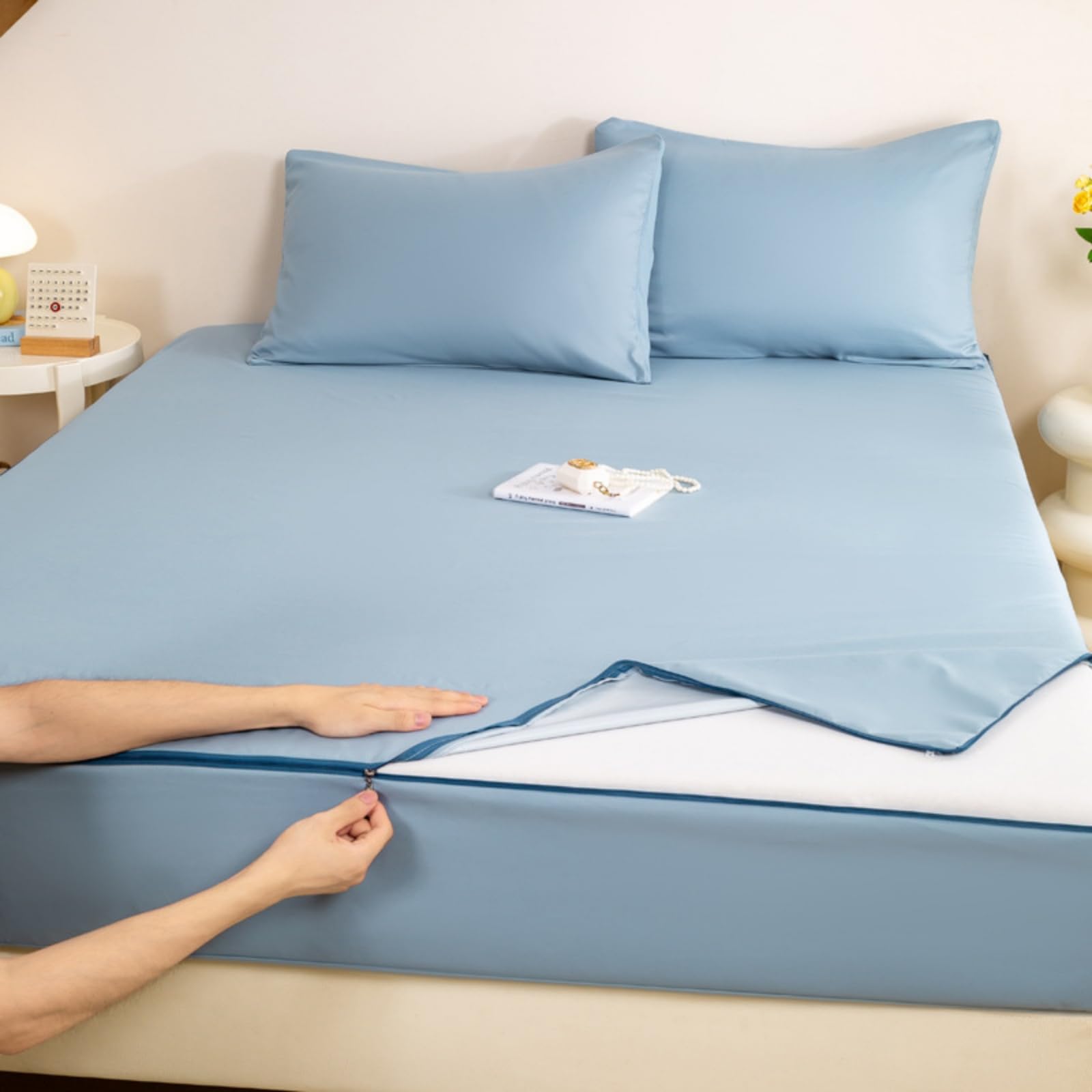Morbuy Funda de Colchón Impermeable Anti Chinches, Funda Protector Colchon con Cremallera Microfibra Ajuste Lavable a Máquina para Camas de Altura 25cm (FA11 Azul Claro,180x220+25cm)