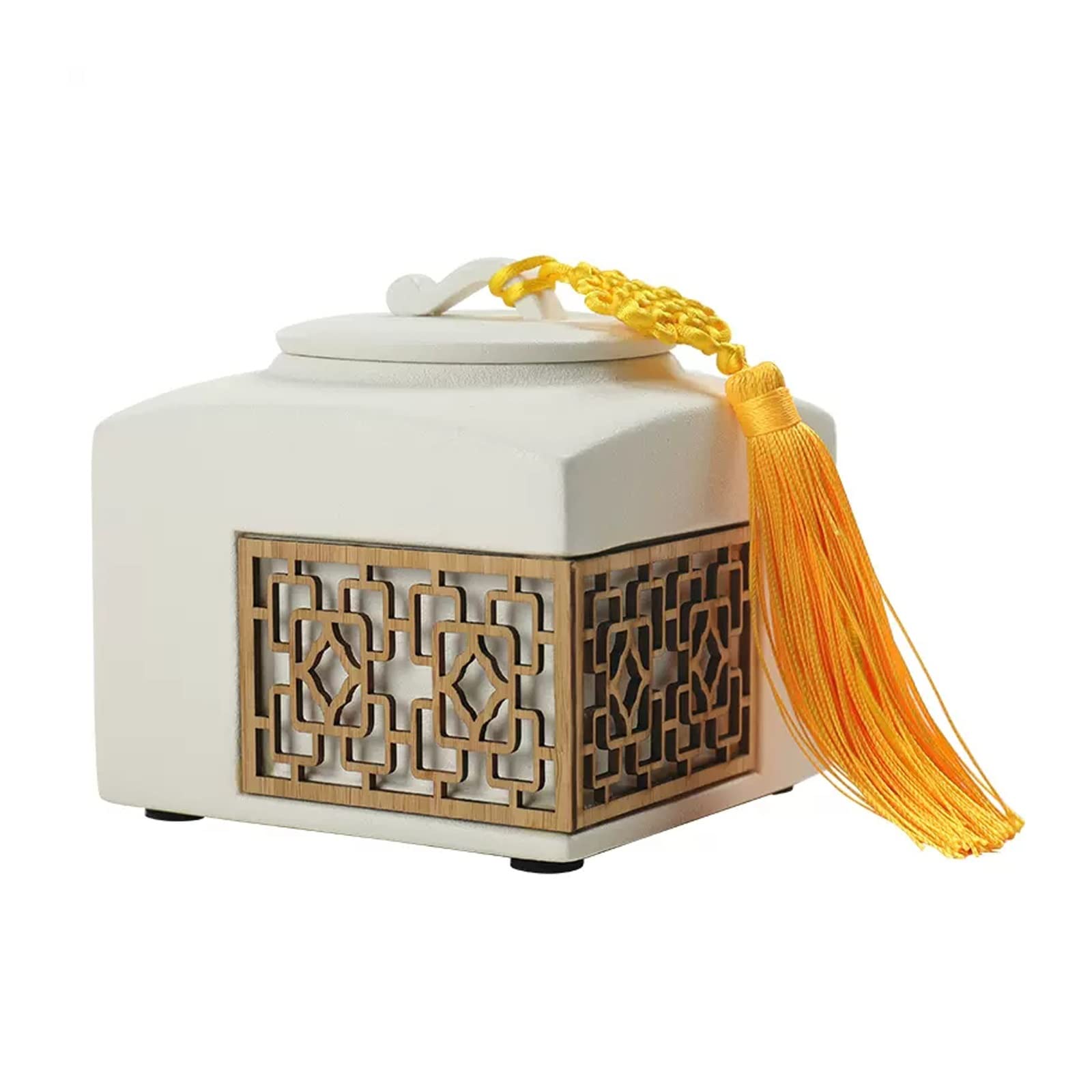 Hhaoran-9868 Ceramic Tea Canister Square Retro Ceramic Tea Can with Yellow Chinese Tassel Bulk White Food Canisters for Kitchen