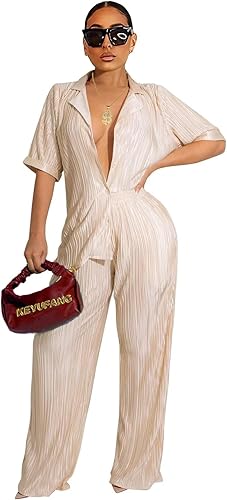 KEYUFANG Trajes de 2 piezas para mujer, estilo casual de los años 90, estilo bohemio, moderno, camisa Muse, pantalones de pierna ancha, traje