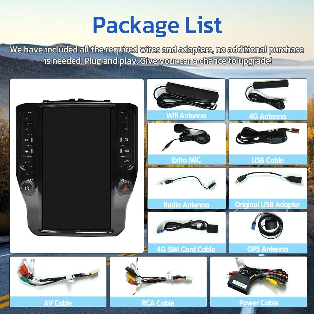 Diagram showing all included accessories: main screen, Wifi Antenna, 4G Antenna, Extra MIC, USB Cable, Radio Antenna, Original USB Adapter, 4G SIM Card Cable, GPS Antenna, AV Cable, RCA Cable, Power Cable.