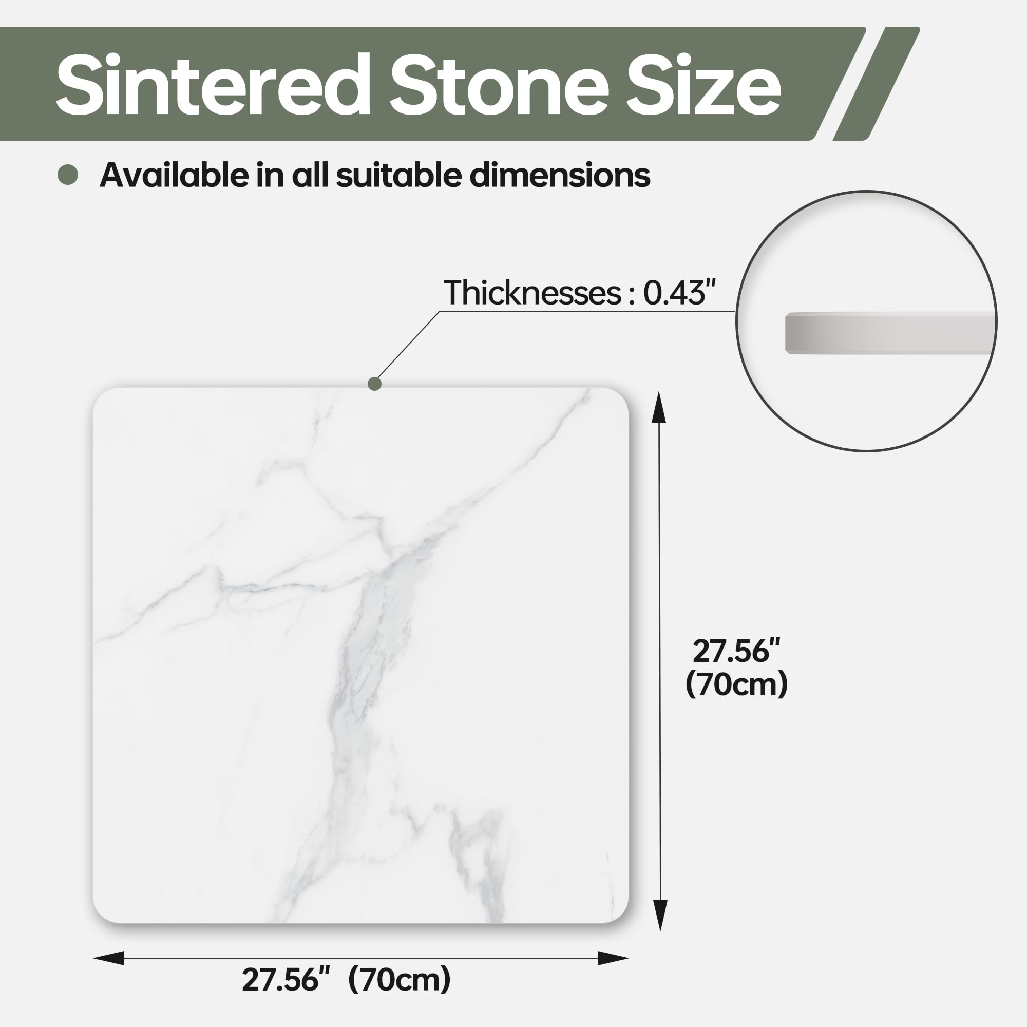 ZL ZELing 70cm Carré Table en Pierre Sinterée Blanche - Tous Saisons, Intérieur/Extérieur, Convient pour Tables à Manger, Café et Tables d'Appui