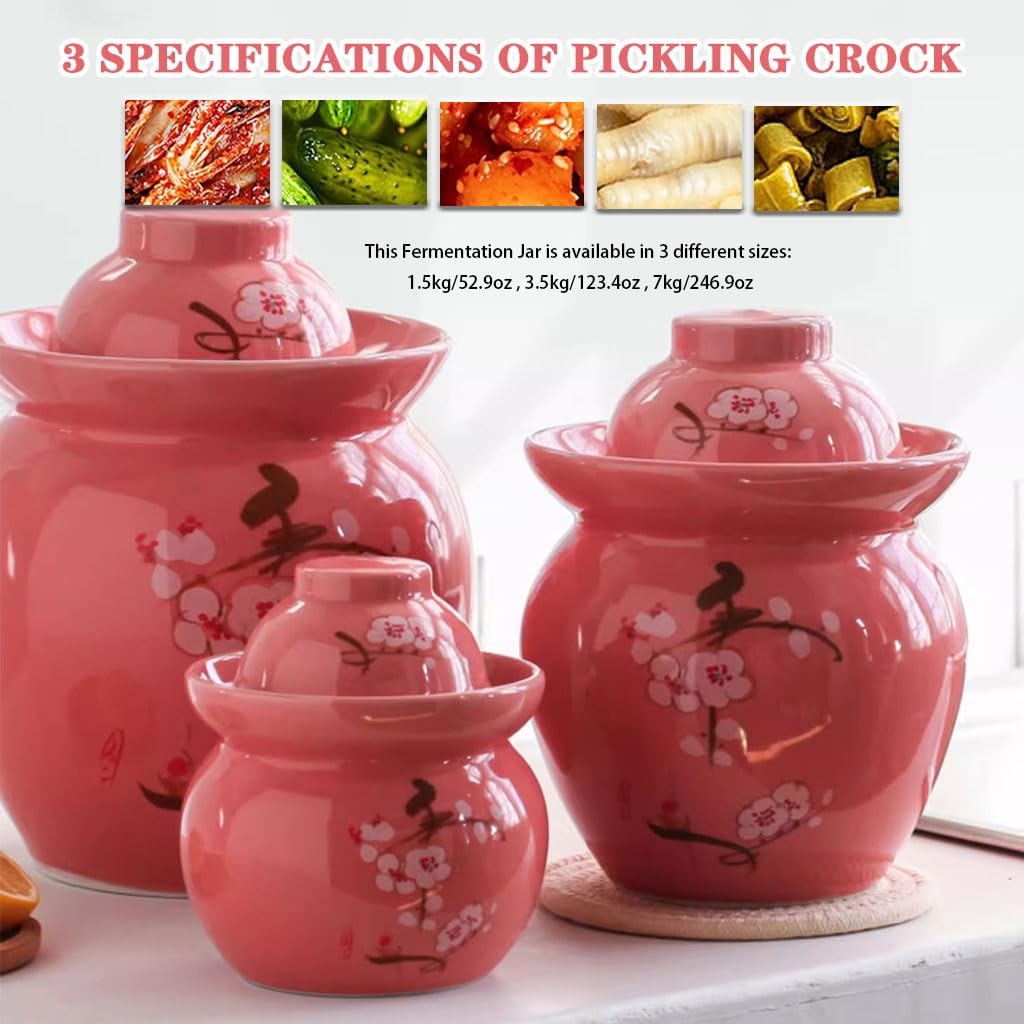 Thickened Ceramic Kimchi Jar, Water Seal Fermentation Tank, Chinese Plum Blossom Pattern Storage Container, Pickled Cucumbers, Sauerkraut(3.5kg/123.4oz)