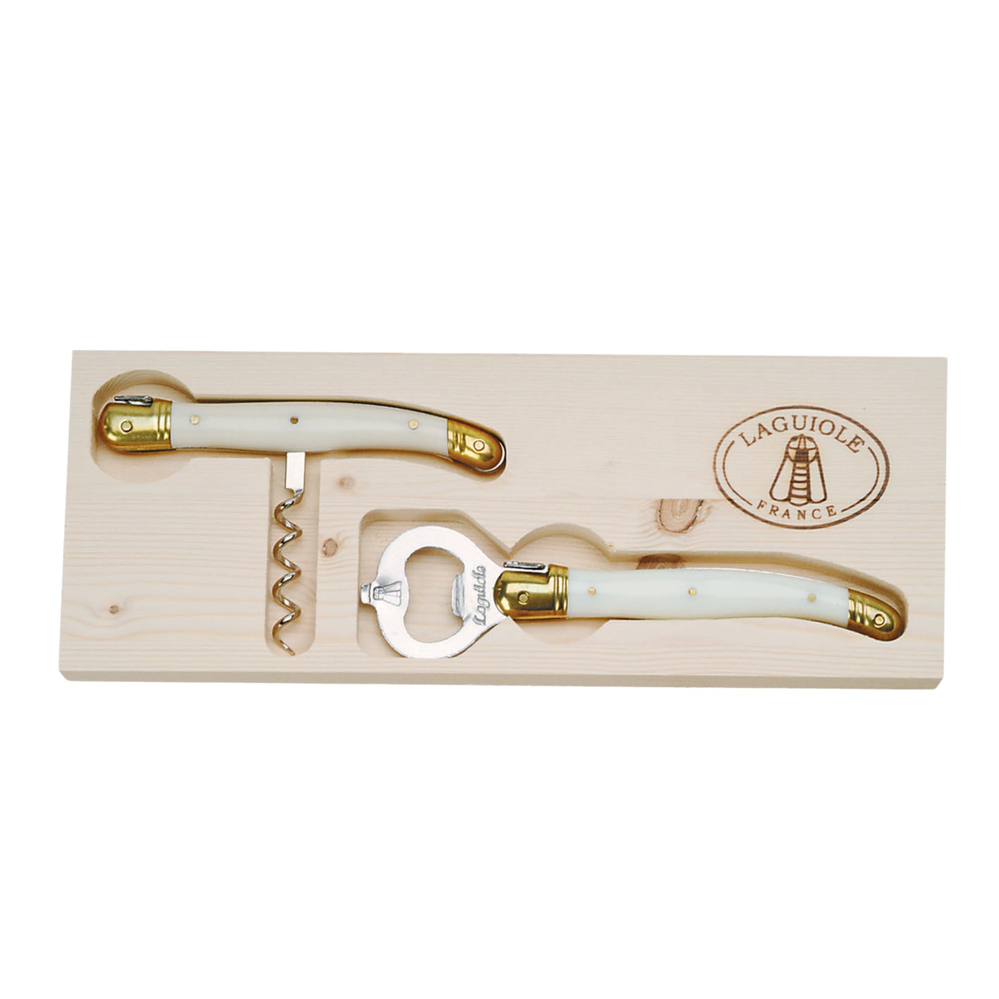 Jean Dubost Laguiole Corkscrew & Bottle Opener, Ivory Handles - Rust-Resistant Stainless Steel - Includes Wooden Tray - Made in France