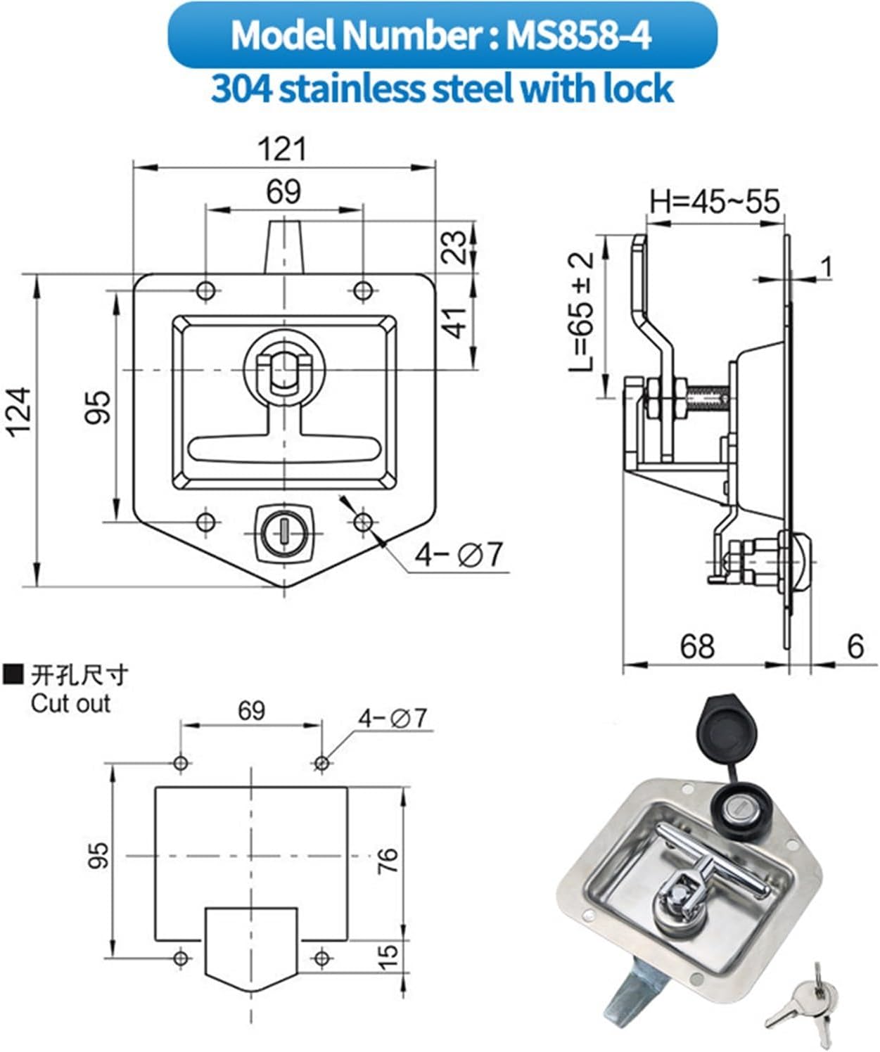 Stainless Steel Panel Lock T-Type Latch Box Lock for Industrial Cabinet Equipment Vehicles Caravans 1Pcs(MS858-4)