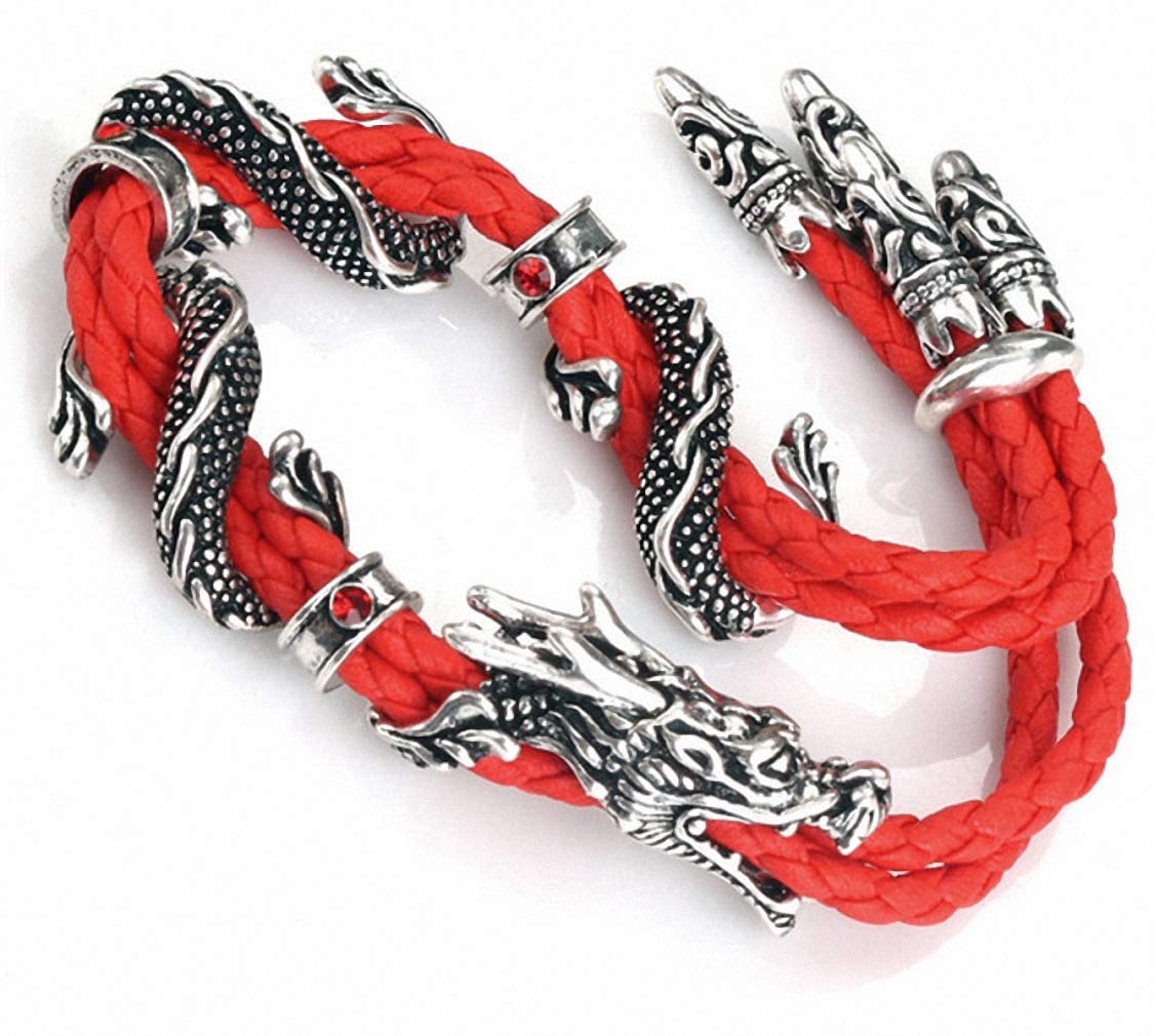 Pulseras de plata antiguas con estilo vintage con cuerda roja de cristal de diamantes de imitación de dragón para mujer, Acero aleado