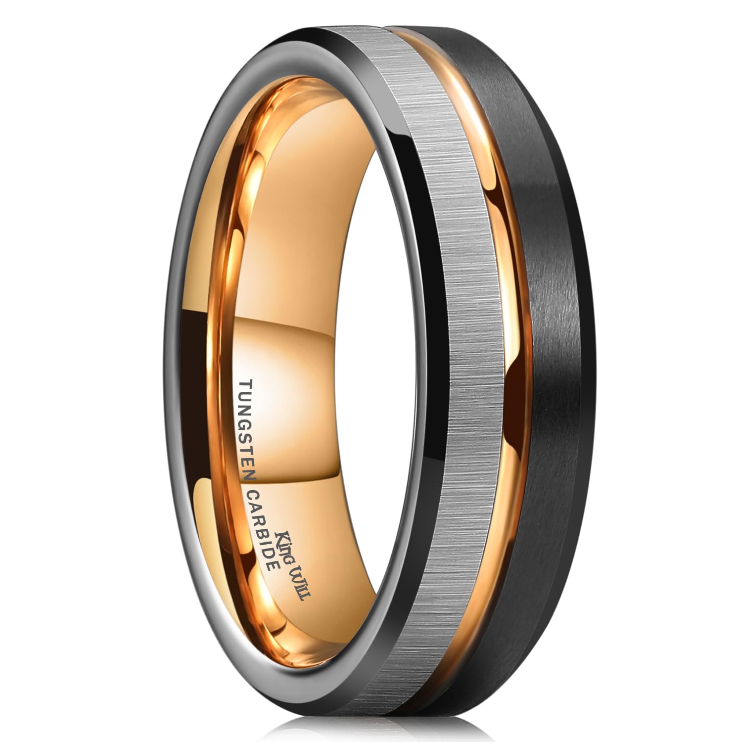 King Will Anello in carburo di tungsteno con anello in oro rosa, 8 mm, colore: nero e argento spazzolato
