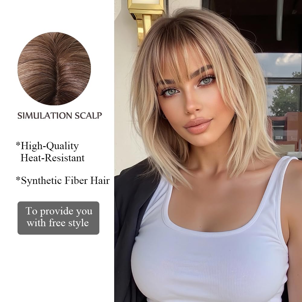 Ombre blond peruka damska krótka bob, prosta peruka syntetyczna dla kobiet, 100% japońskie włókna Kanekalon, na co dzień, imprezę, Halloween