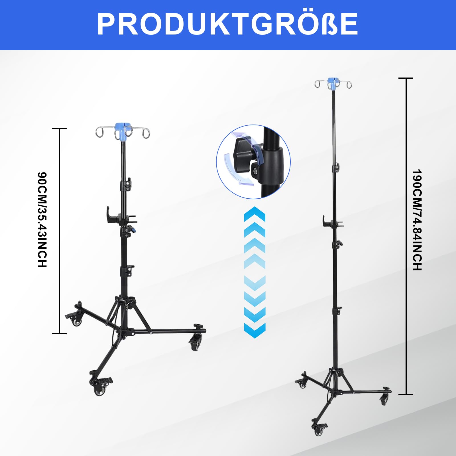 Verstellbarer Infusionsständer mit Rollen, Tragbarer Mobiler IV-Ständer, Höhenverstellbar 90-190cm, mit 4 Haken und 3 Netzbeuteln, Infusions-Dreibeinstativ für Krankenhau Häusliche Pflege und Klinik