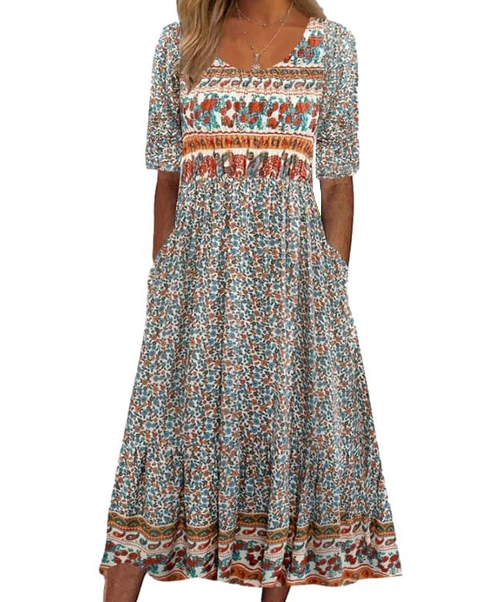 ABINGOO Femmes D'été Manches Courtes Col Rond Robes Bohème Chic Fleurie Imprimé Tunique de Plage Décontractée Midi Robe