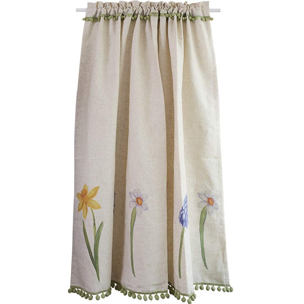 Demi-rideau à pompons rustiques en coton et lin pour décoration de cuisine et salle de bain 200,7 x 58,4 cm