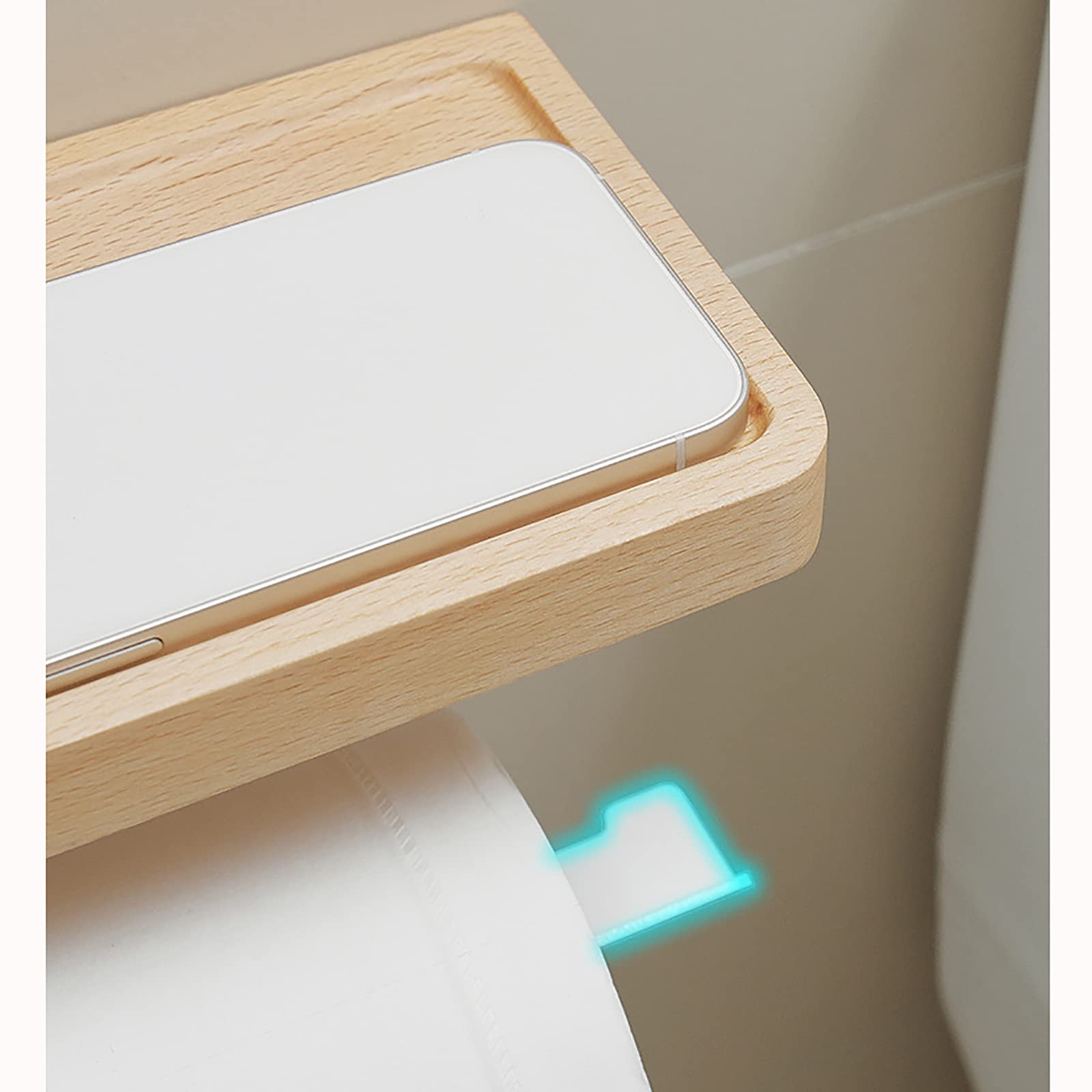 Portarrollos Papel Higienico, Porta Rollos de Papel Higienico Madera, Portarollos Papel Higienico Adhesivo con Espacioso Estante, para Cocina y Baño Multifunción Blanco