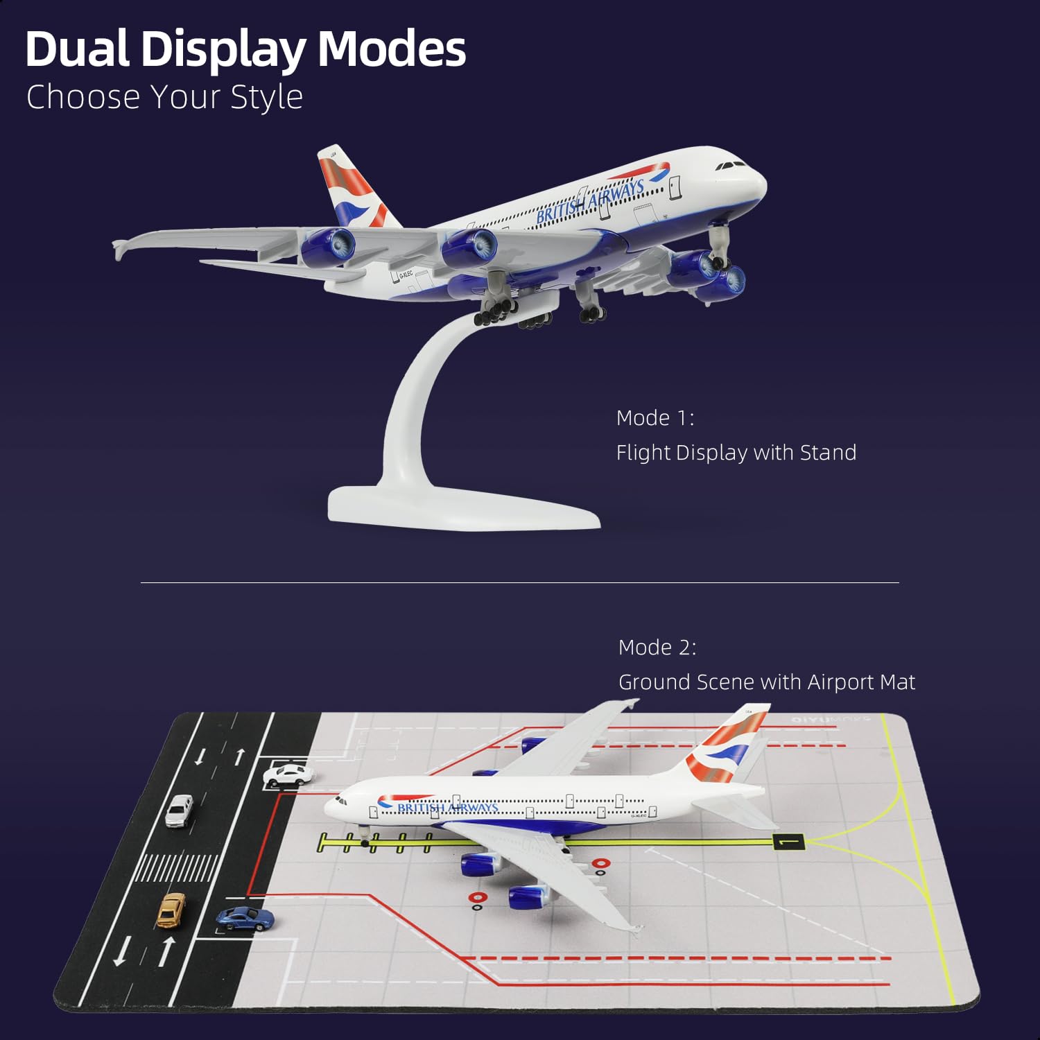 Maquette d'avion Britannique A380 (échelle 1/300) avec Tapis d'aéroport en Caoutchouc et 5 Voitures Miniatures en Métal – Objet de Collection pour Adultes (Scène d'aéroport)