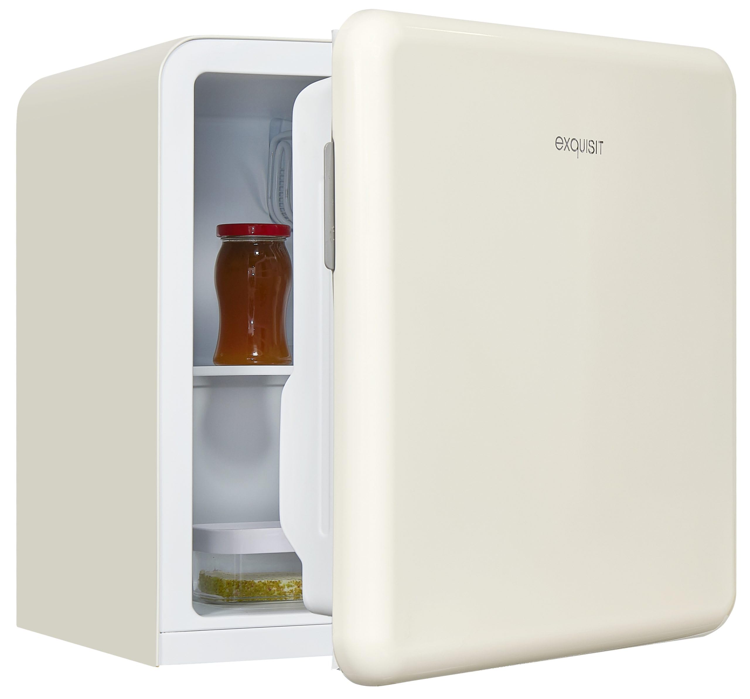 Exquisit® Frigorífico Mini, 47L, Clase F, Color Magnolia Blanca, Estante de Cristal, Puerta Reversible, Tirador Integrado, Zona Congeladora para Hielo, Consumo 100 kWh/año, Medidas 50x48,5x44 Cm.