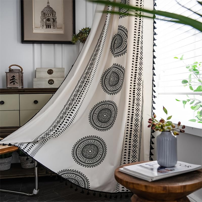 USTIDE Bohemian Cotton Linen Curtains Geometric Semi-Blackout Darkening Curtain Panel with Tassels for Living Room Bedroom Kitchen Bay Window Rod Pocket 1 Pack 150x 160cm