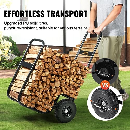 VEVOR Firewood Cart, 250 lbs Capacity, Black Heavy Duty Steel Dolly Hauler with PU Wheels & Waterproof Cover, Outdoor and Indoor Wood Rack Storage Mover, Firewood Carrier for Fireplace, Fire Pit
