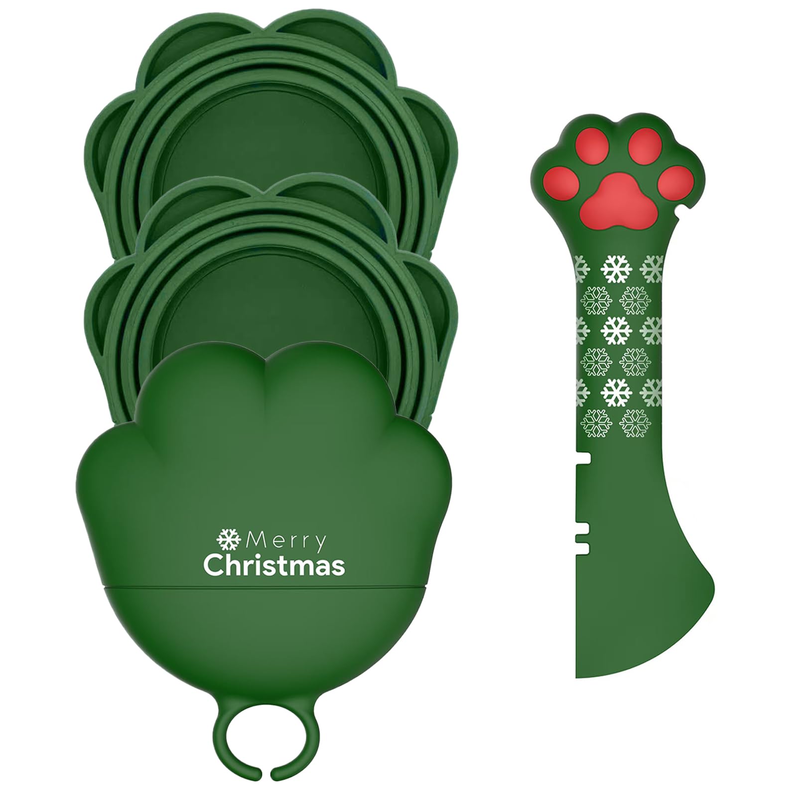 DORUI Christmas Pet Set - 3 Cat Food Can Lids & 1 BPA-Free Opener | Cute Paw Shape Can Covers and Opener Spatula Spoon for Wet Food | Silicone Spoon & Covers for Dog Cat - Paw Green — image 1